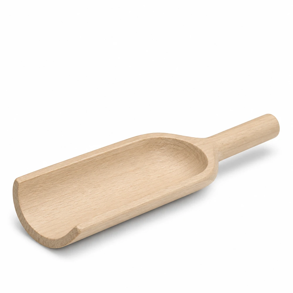 Träspade storlek L platt form - 180 mm lång Träspade L 18cm platt form sidovy visar ergonomiskt handtag och spadblad av naturligt trä