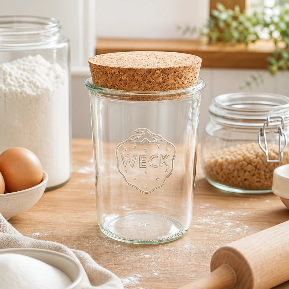WECK dricksglas 850ml RR100 med naturkork på köksbänken mellan mjöl, ägg och bakredskap Köksscen