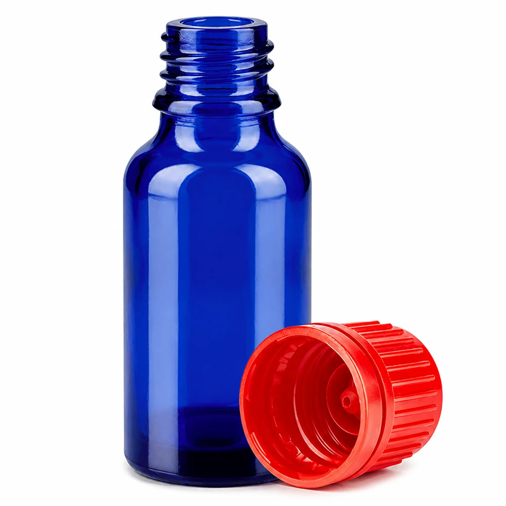 20 ml blå glasflaska med 11 mm gänga och rött lock för laboratorieapplikationer