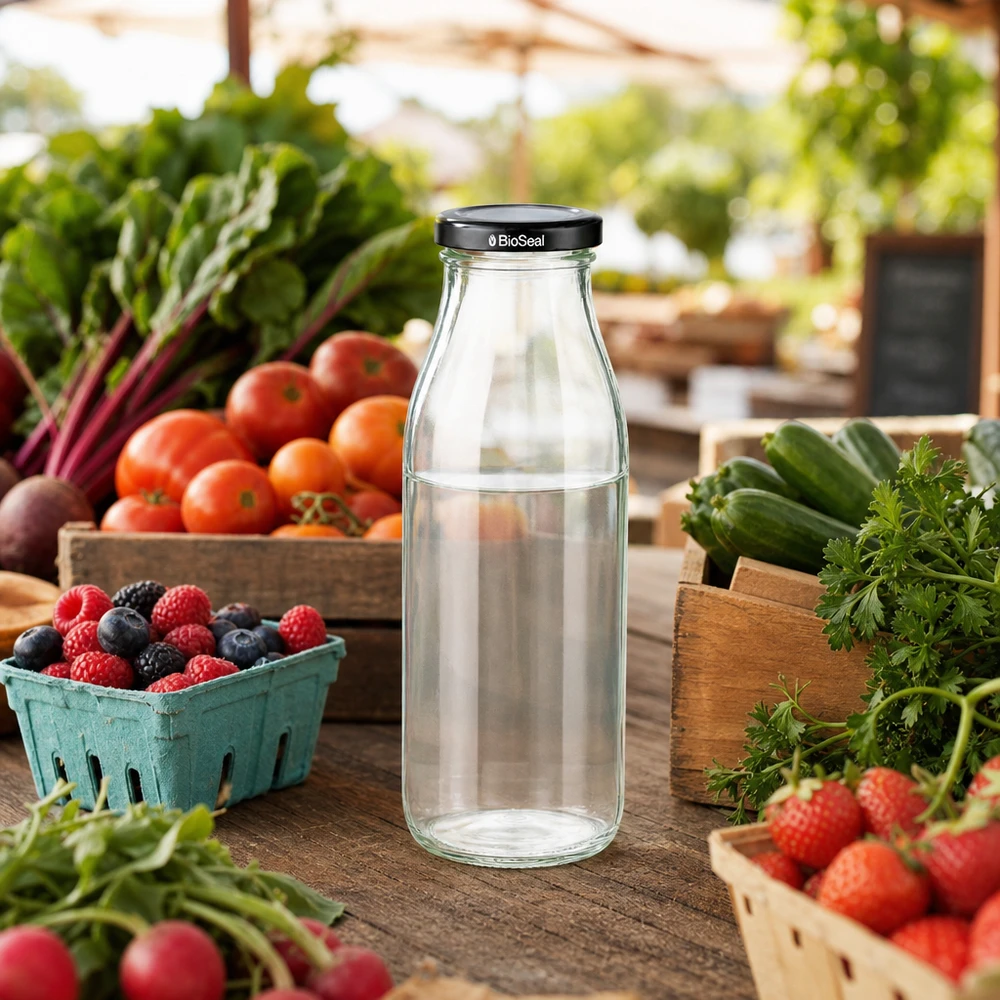 500 ml glasflaska + BioSeal-lock svart UNiTWIST 500ml Glasflasche mit BioSeal Deckel zwischen frischem Marktgemüse Beeren und Kräutern in natürlicher Umgebung
