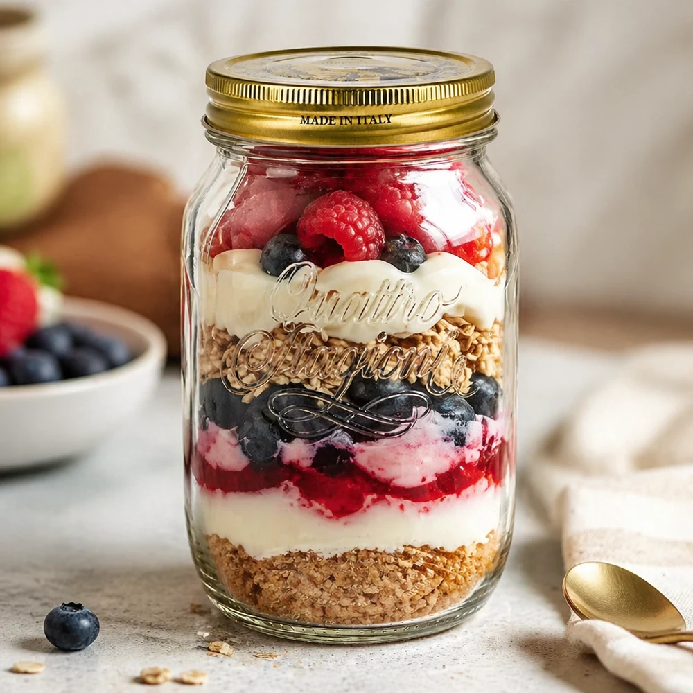 1000ml rund burk "Quattro Stagioni" med lock Quattro Stagioni 1000ml burk fylld med skiktad dessert bär yoghurt granola Italiensk konserveringsburk Användning