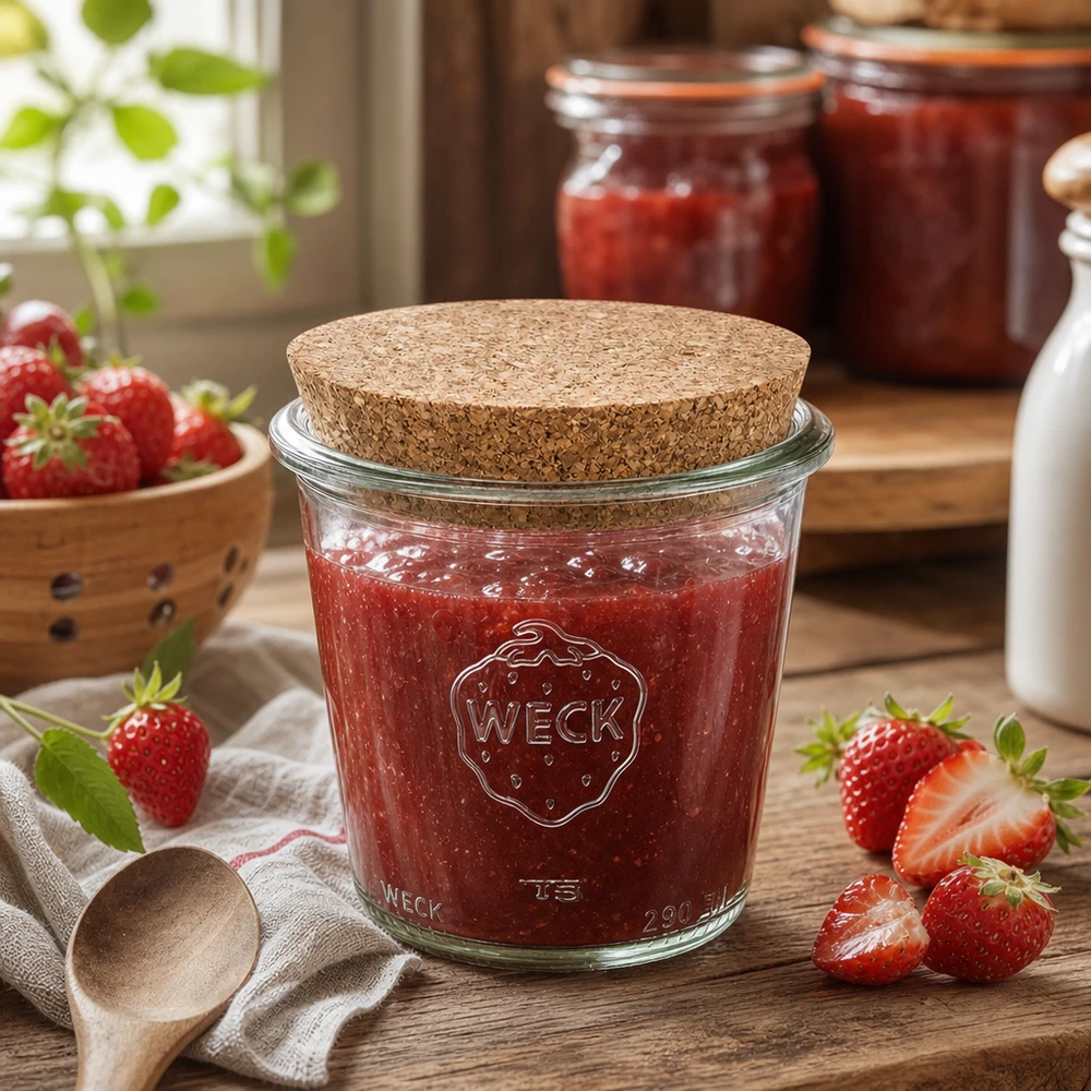290 ml Krossade glasögon WECK RR80 med naturkork WECK konserveringsburk 290ml med korklock fylld med jordgubbssylt i rustikt kök med färska jordgubbar