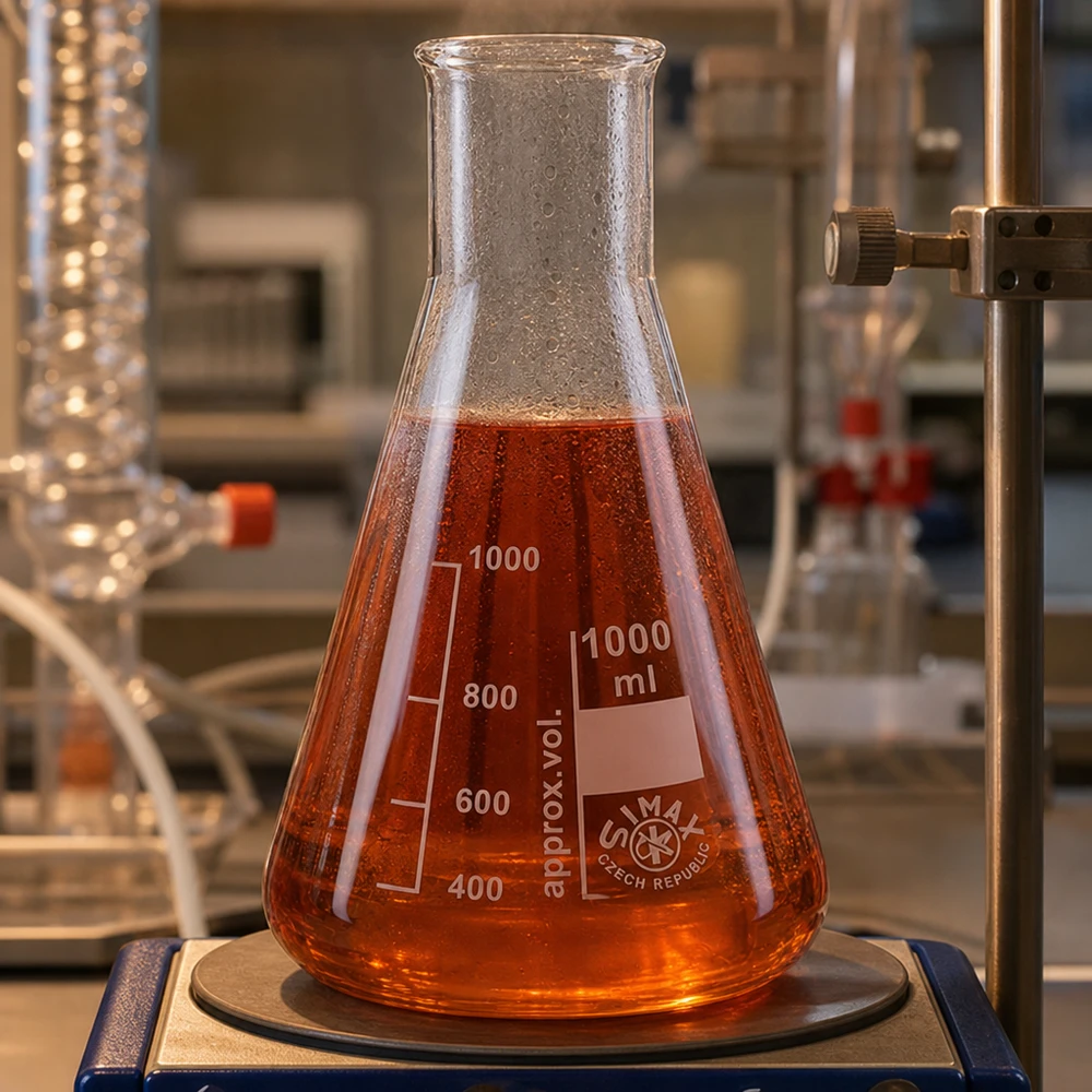 Erlenmeyerkolv 100 ml med bred hals Erlenmeyerkolv 100ml med vid hals och röd kemikalie på laboratorievåg för kvantitativ analys