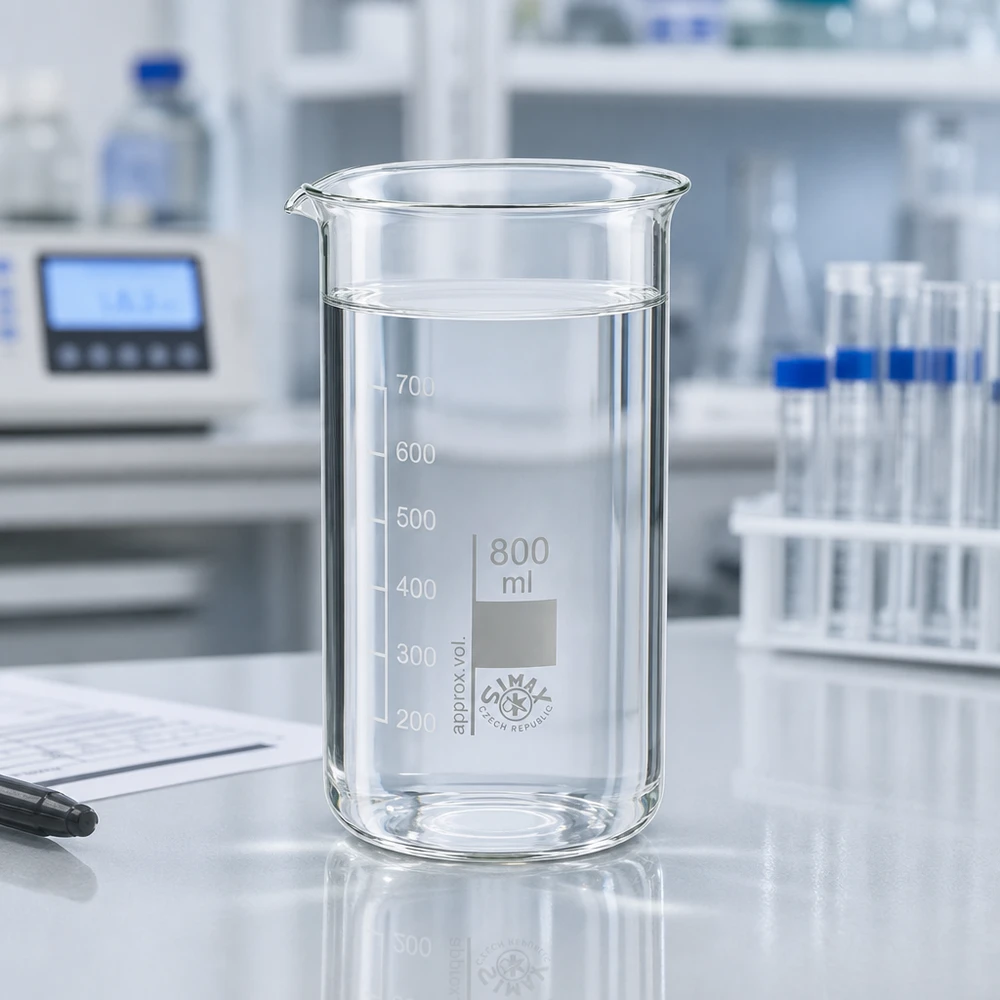 Bägare 800ml borosilikatglas, hög form Bägare, 800 ml, hög modell, med klar vätska upp till 700 ml på ett vitt laboratoriebord