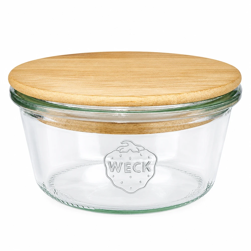 WECK dricksglas 290ml låg RR100 med runt trälock av bambu, konserveringsburk med WECK-logotyp på vit bakgrund