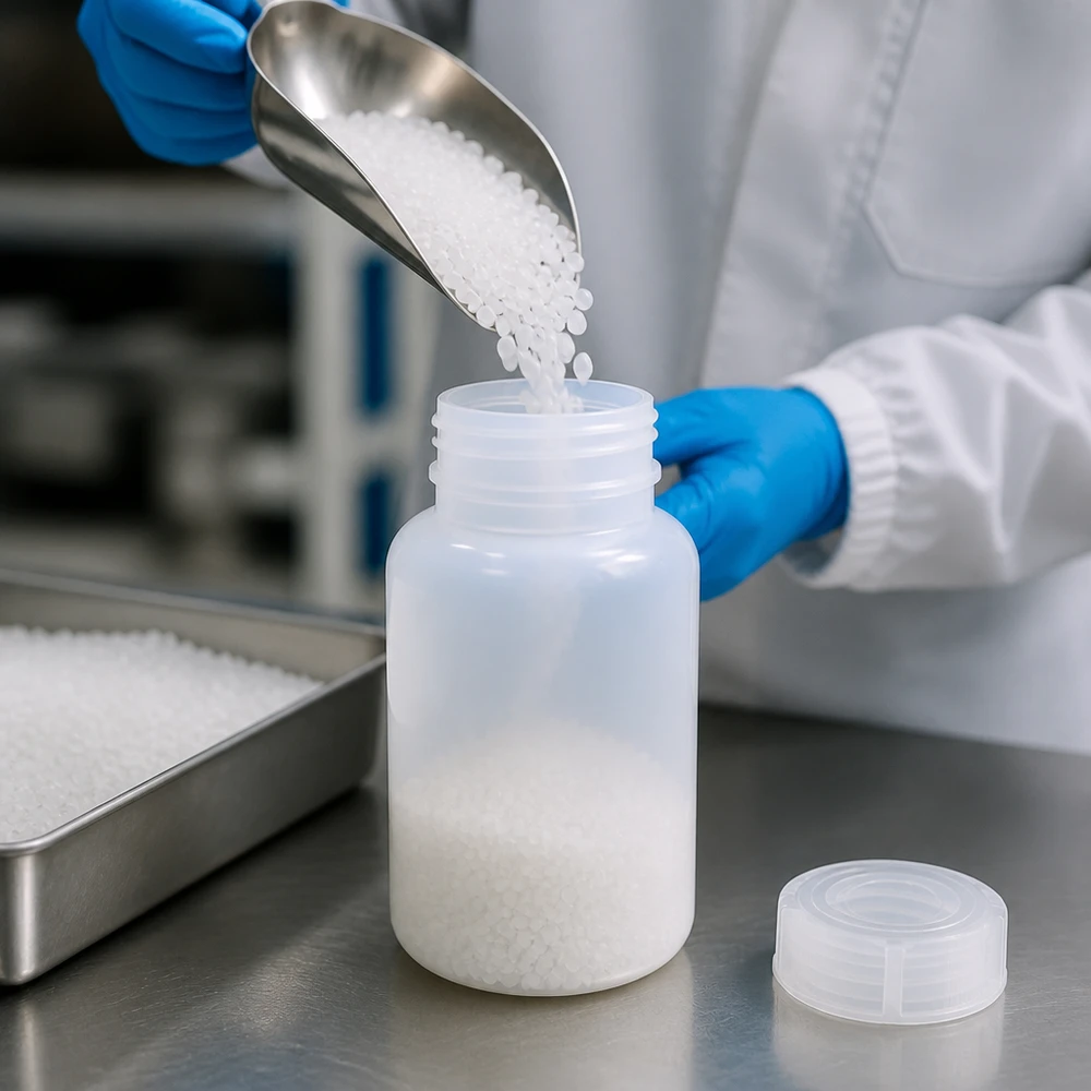 Befüllung einer 250ml HDPE Weithalsflasche mit Granulat auf Edelstahloberfläche im Reinraum