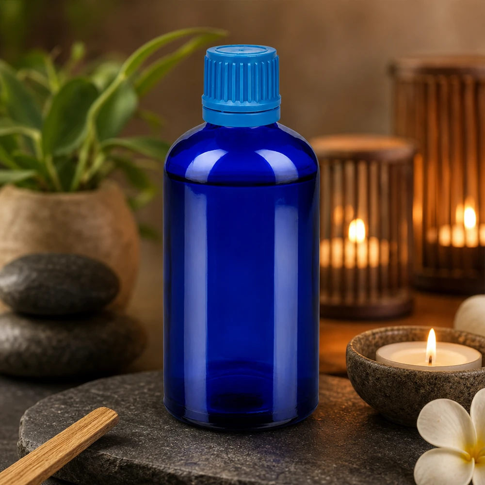 100ml flaska 11mm skruvkork blå säkerhetsförslutning BlueLine UT18/100 Professionell 100 ml BlueLine-flaska med UT18-gänga för eteriska oljor och hälsoprodukter