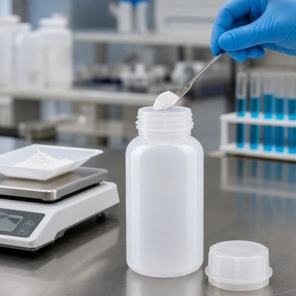 500ml Laborflasche Weithals mit Schraubverschluss beim professionellen Abfüllen von Laborchemikalien