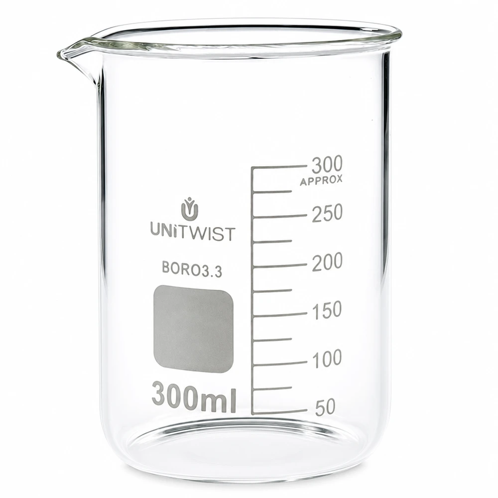 Bägare 300ml borosilikat, lågformad UNiTWIST 300 ml becherglas av borosilikatglas i låg form från UNiTWIST på vit bakgrund