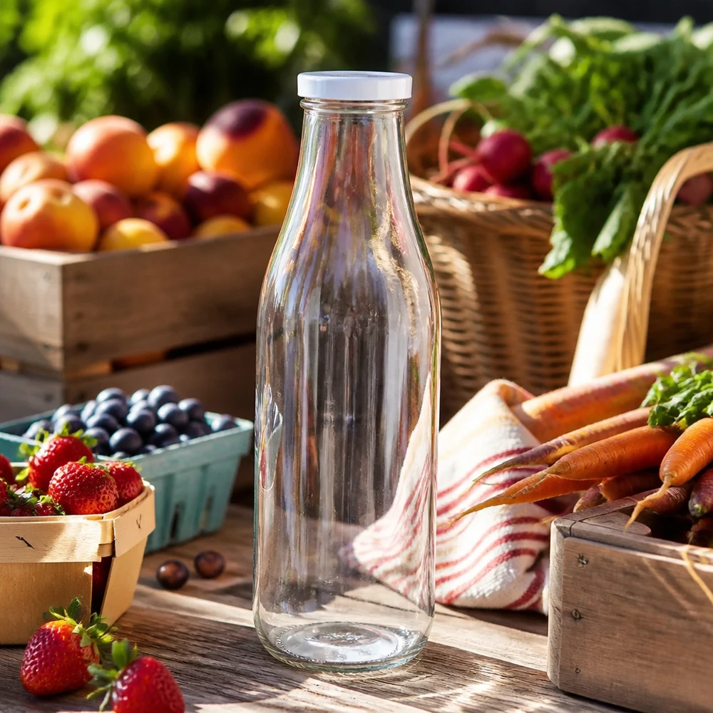 1000 ml glasflaska tom BasicSeal lock vitt marknadsstånd färsk frukt grönsaker bär morötter utomhuslandskap