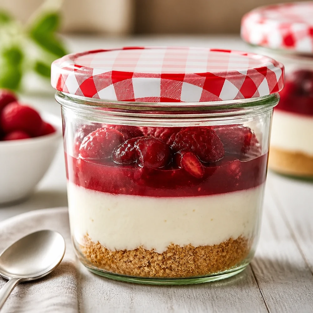 Drop-glas 230 ml som dessertglas med skiktad dessert och röd- och vitrutig BasicSeal-propp i en köksscen