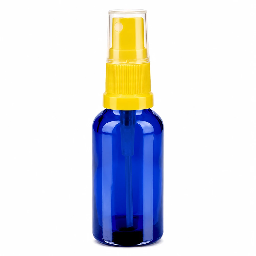 30ml Sprayflaska gul/transparent standardlock BlueLine UT18/30 30 ml sprayflaska av blått glas med gul pumpförstärkare för kosmetika och eteriska oljor
