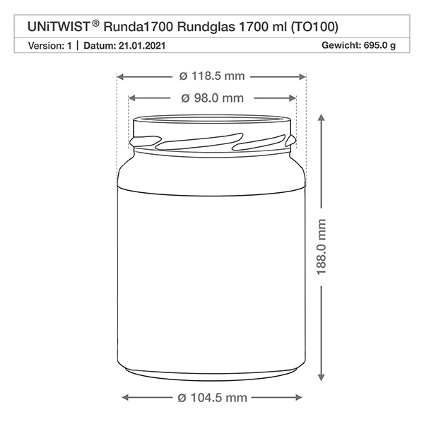 1700ml rund burk utan lock (TO100) UNiTWIST UNiTWIST Runda1700 tumlare 1700ml TO100 teknisk ritning Mått Mått 118,5mm diameter 188mm höjd