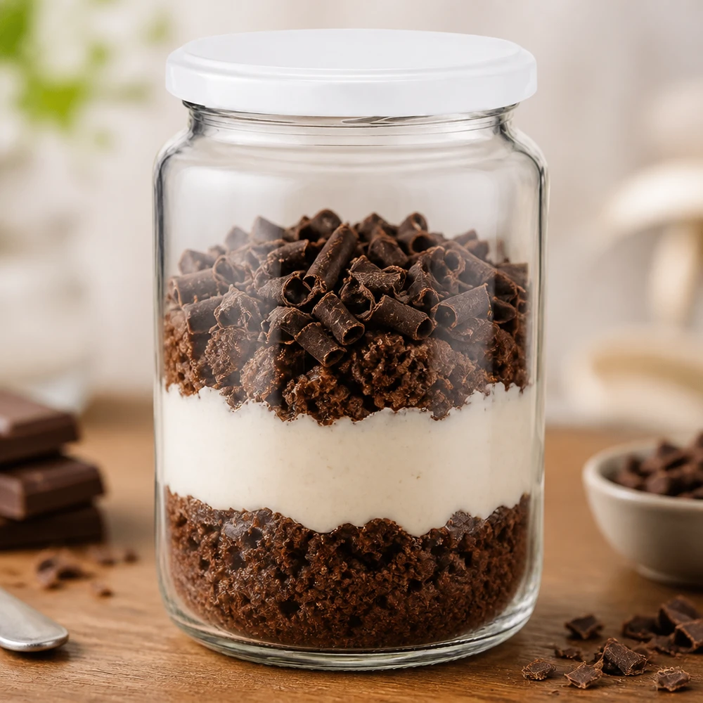 795 ml runt glas UNiTWIST fyllt med skiktad chokladdessert visar praktisk användning som dessertglas