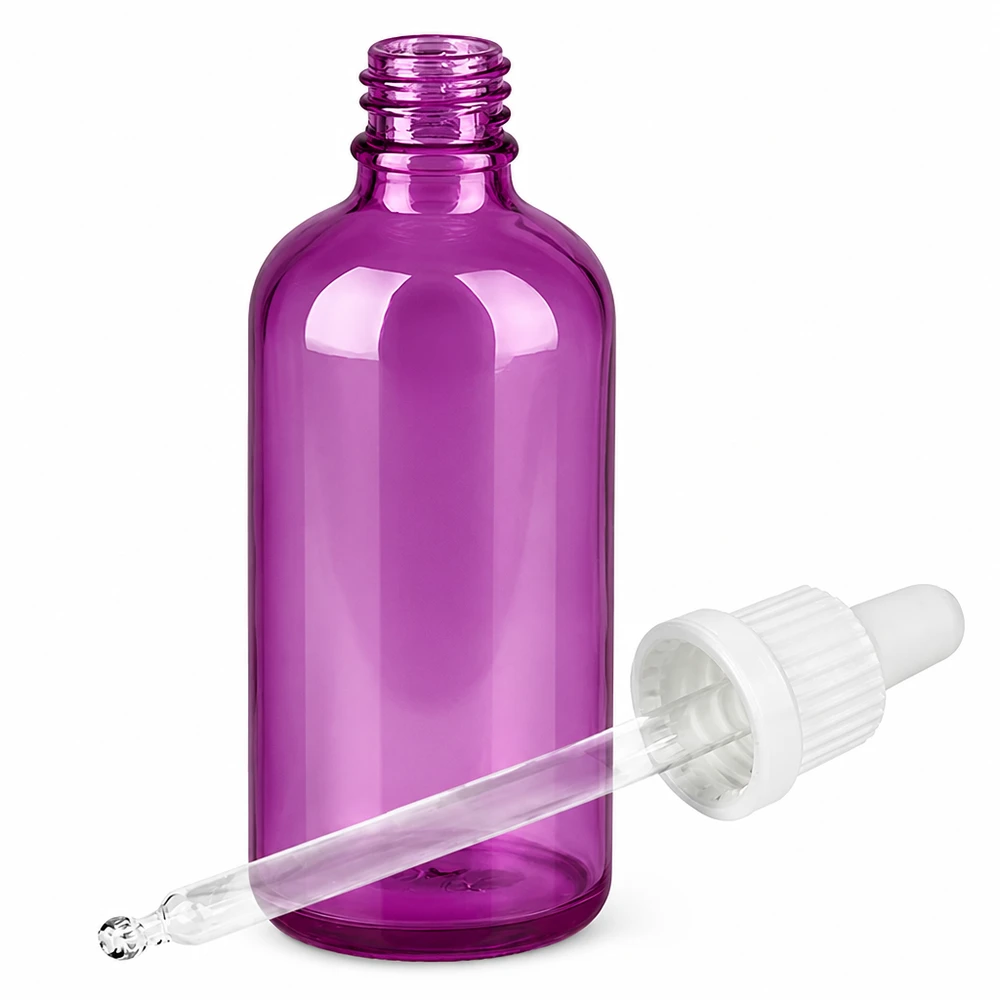 100ml pipettflaska vit Originality skruvkork PurpleLine UT18/100 Lila 100 ml glasflaska med pipett för eteriska oljor och serum