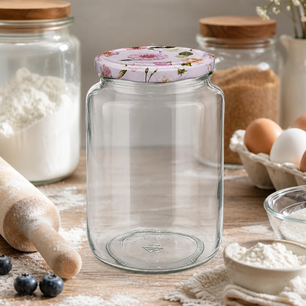 795ml rund burk tom på träbord kök bakning ingredienser mjöl ägg BasicSeal lock rosa blommor förvaringsburk konserveringsburk