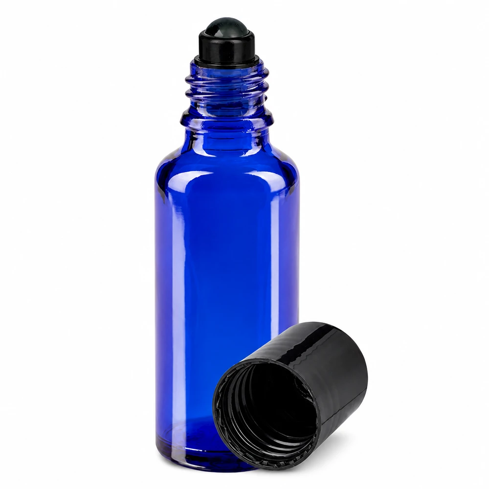 30 ml blå glasflaska med svart roll-on-applikator och skruvlock för eteriska oljor