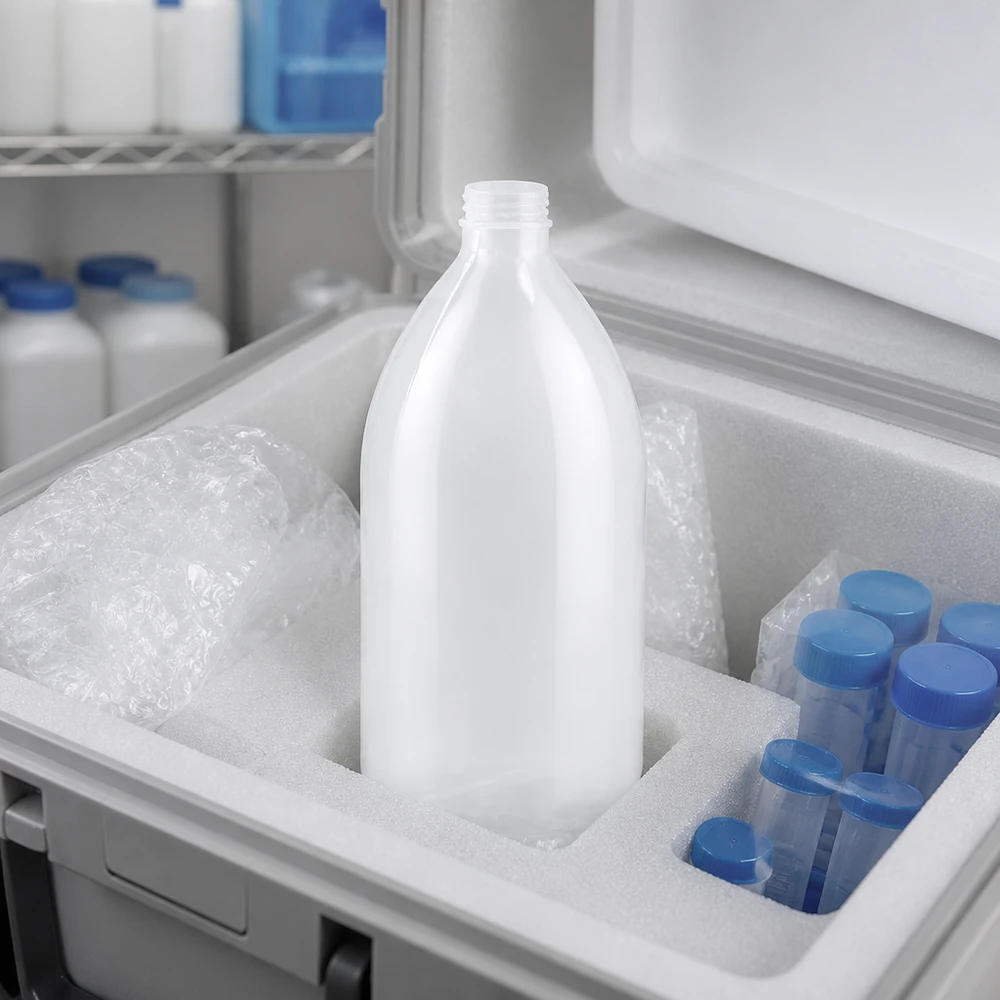 Transportgerechte 1000ml Enghals Laborflasche ohne Verschluss in gedämmter Versandbox