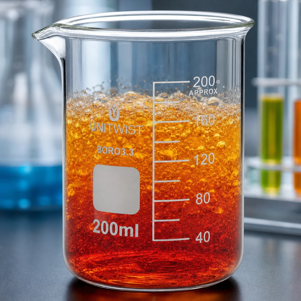 Bägare 200ml borosilikat, lågformad UNiTWIST 200 ml bägare av borosilikatglas, låg form, med en bubblande orange-röd reaktionsvätska