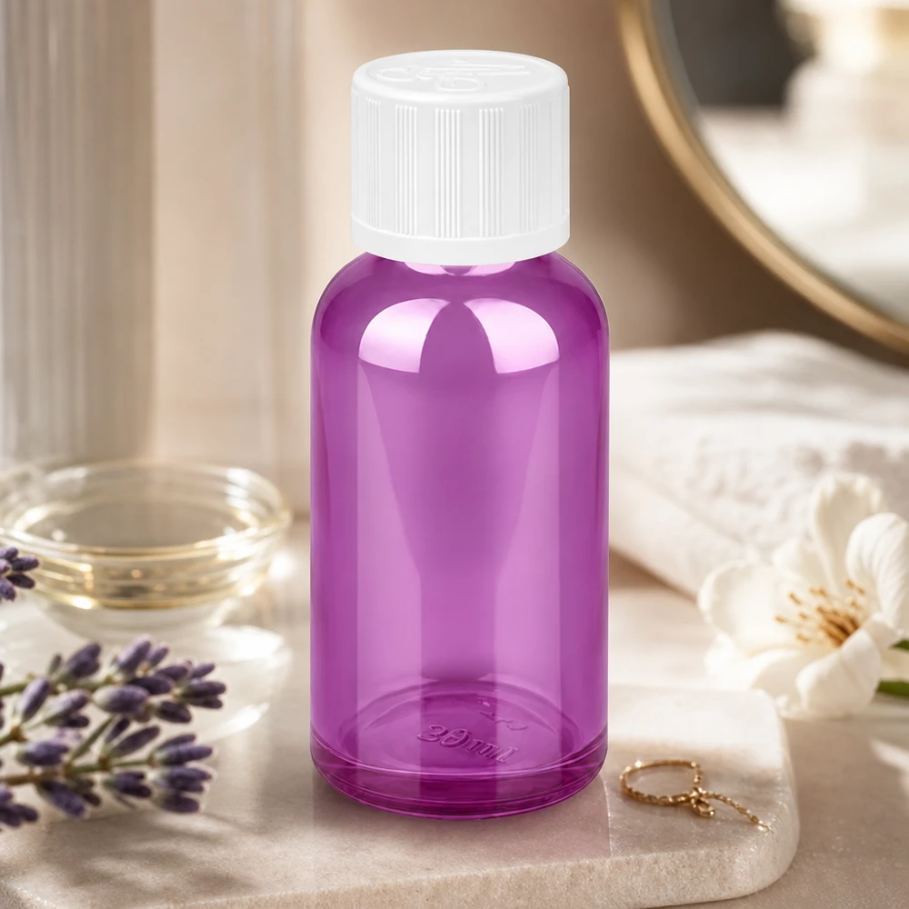 30ml flaska 11mm skruvkork vit standard barnsäker PurpleLine UT18/30 Kompakt 30 ml violett glasflaska med barnsäkerhetslås för säker förvaring av vätskor
