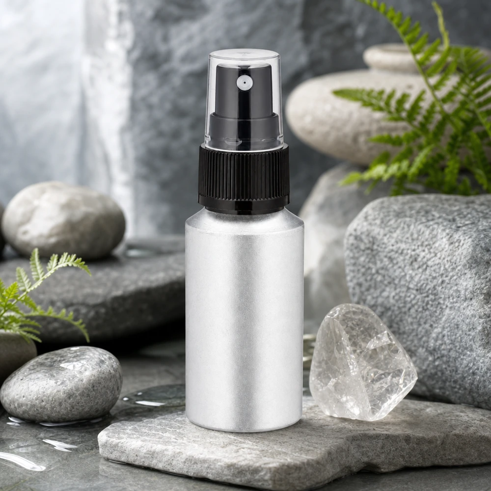 30 ml flaska i inlagd aluminium med finfördelare Kompakt 30 ml aluminiumflaska med exakt sprayhuvud för användning på språng och på resor