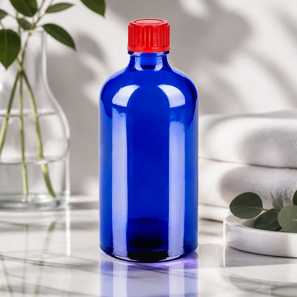 100ml flaska 11mm skruvkork röd standard BlueLine UT18/100 100 ml SV-flaska med räfflat rött skruvlock och blå glasyta STD BlueLine