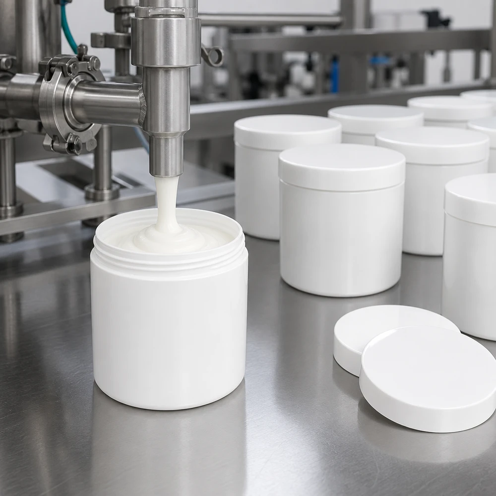 Salvburk 50g vit med vitt skruvlock (polypropylen) Industriell fyllning av vit kräm i 50 g PP-salvburkar på ett produktionsband av rostfritt stål