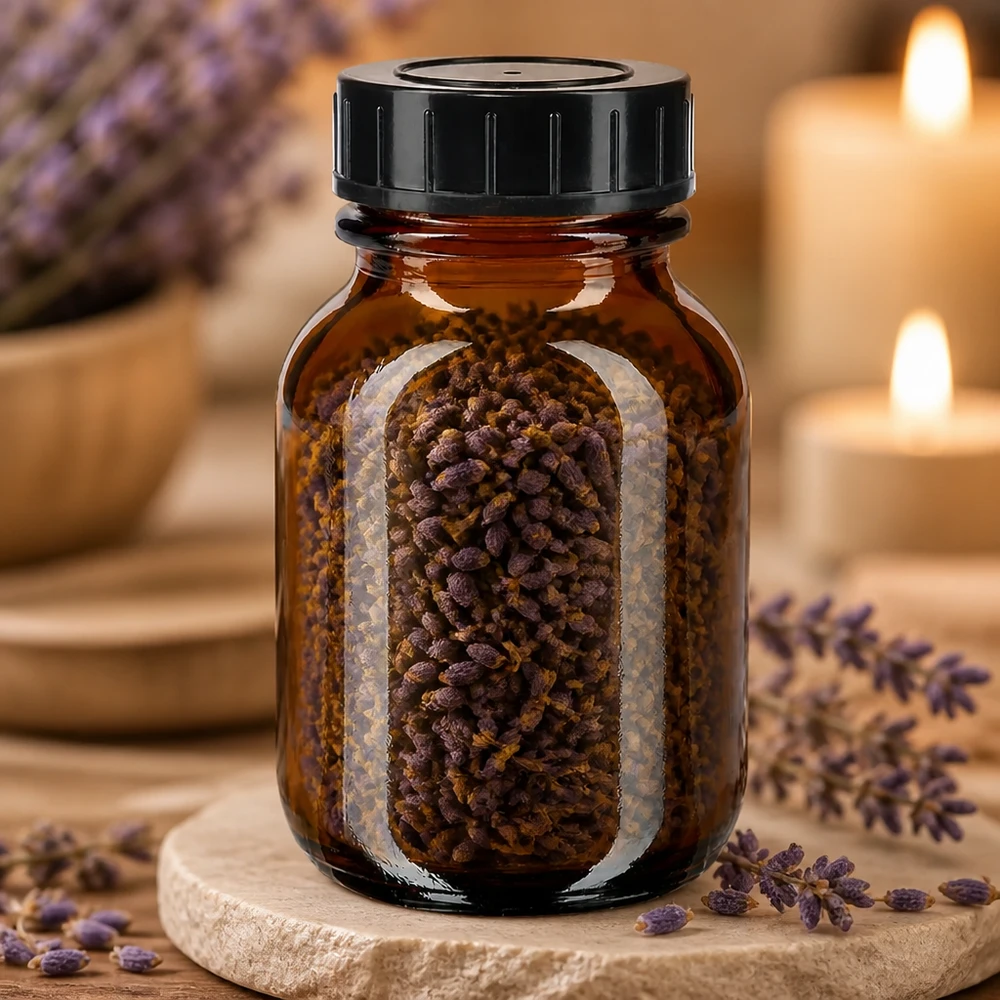 50ml bärnstensfärgad flaska med bred hals och skruvkork