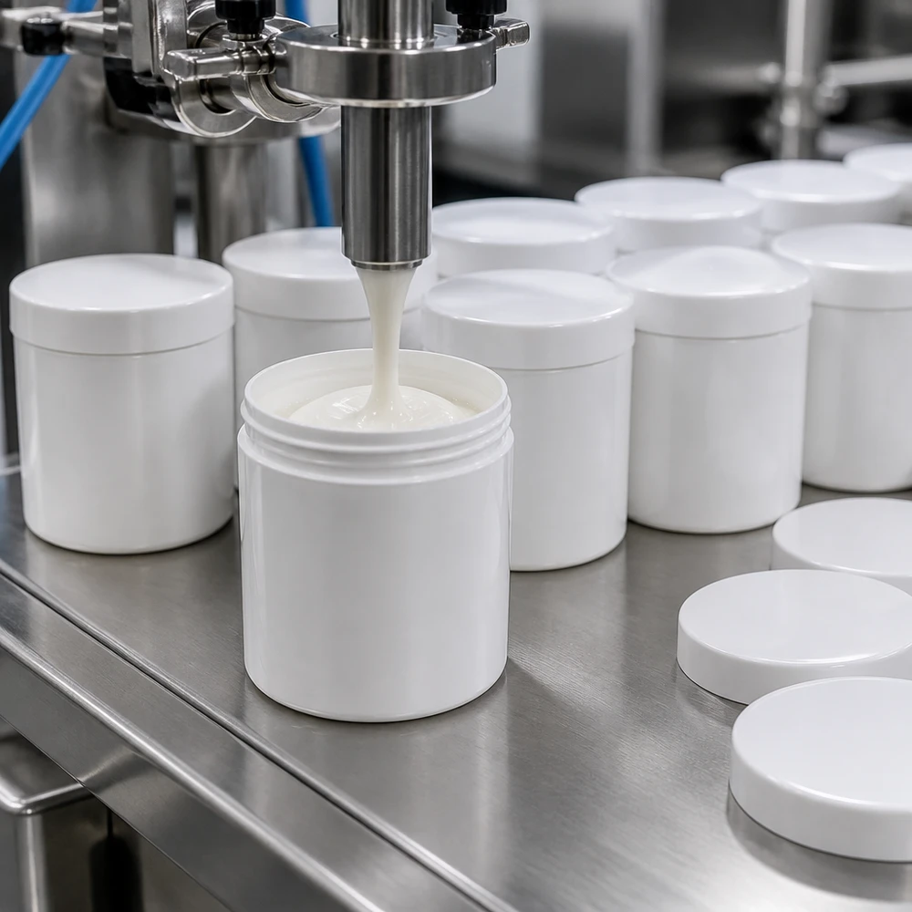 En automatisk fyllningsanläggning fyller vita 800 g-salvburkar av PP med skruvlock