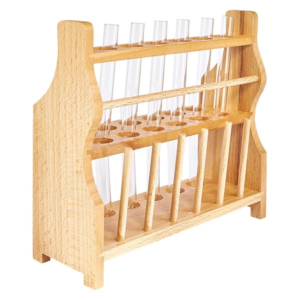 Trähylla med 12 teströr för natrium- och kalciumhydroxid 100x12