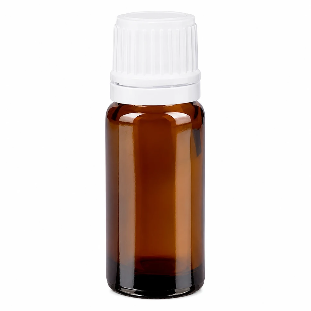 Apoteksflaska brun 10ml skruvlock vitt manipulationsskyddat lock 10 ml brun apoteksflaska med vitt skruvlock, tillverkad av högkvalitativt brunt glas