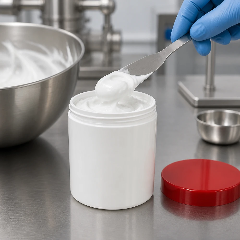 Salvburk 200g vit med rött skruvlock (polypropylen) Fyllning av en vit PP-salvburk på 200 g med rött lock i en professionell laboratoriemiljö