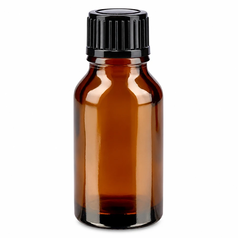 Apoteksflaska brun 15ml skruvkork svart standard Brun apoteksflaska på 15 ml med svart skruvlock, tillverkad av högkvalitativt brunt glas