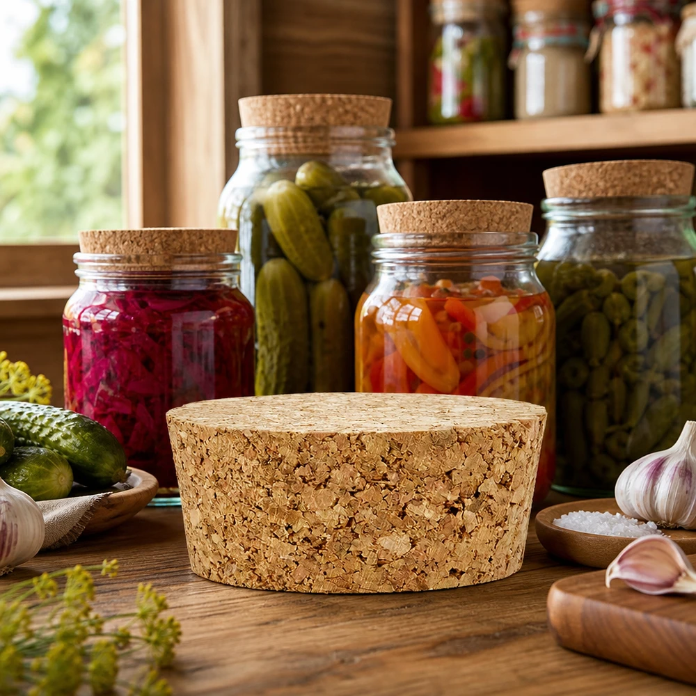 Korkpropp RR40 för WECK konserveringsburkar med fermenterade pickles surkål i rustikt kök naturlig korkpropp 40mm