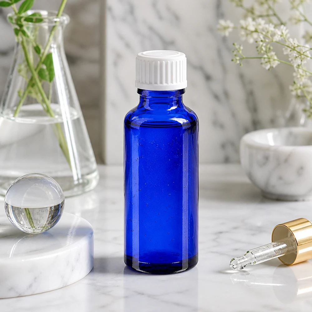 Blå 30 ml apoteksflaska i glas med vit standardkork på marmorunderlägg och pipett