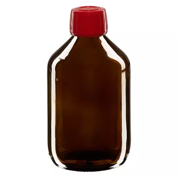 300 ml medicinflaska brun, rött lock med säkerhetsring ApoGlas 300 ml medicinflaska brun, rött lock med säkerhetsring ApoGlas
