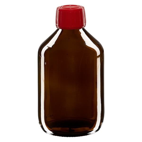 300 ml medicinflaska brun, rött lock med säkerhetsring ApoGlas 300 ml medicinflaska brun, rött lock med säkerhetsring ApoGlas