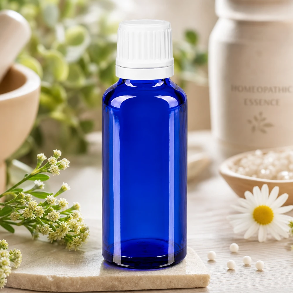 Blå 30 ml homeopatisk droppflaska av ApoGlas med vit etikett bredvid kamomillblomma och globuli