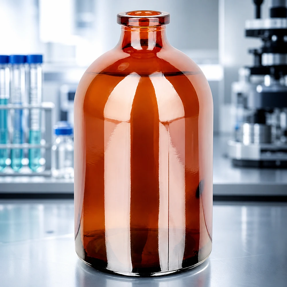 Injektionsflaska av bärnstensfärgat glas 100ml Injektionsflasche 100ml Braunglas mit bauchiger Korpusform und engem Rollrandhals ohne Verschluss