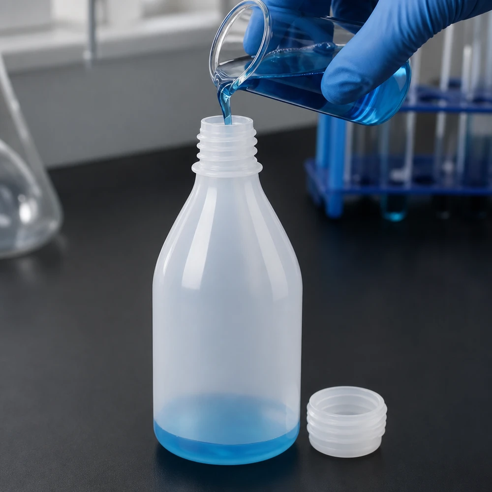 100ml laboratorieflaska med smal hals utan lock Den blå vätskan hälls i en 100 ml laboratorieflaska med smal hals, tillverkad av genomskinlig plast
