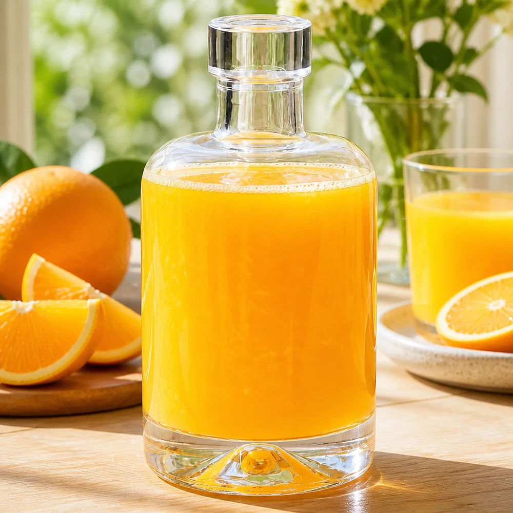 50 ml glasflaska Amelie fylld med apelsinjuice bredvid färska apelsiner visar användning för fruktjuicer och smoothies