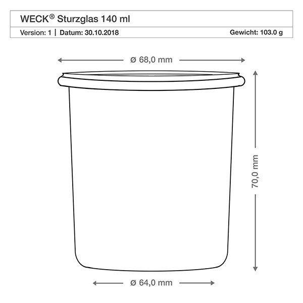 WECK stor burk 140 ml komplett med honungssked och rosett WECK tumlare 140ml teknisk ritning dimensioner dimensioner 68mm diameter 70mm höjd produktspecifikation