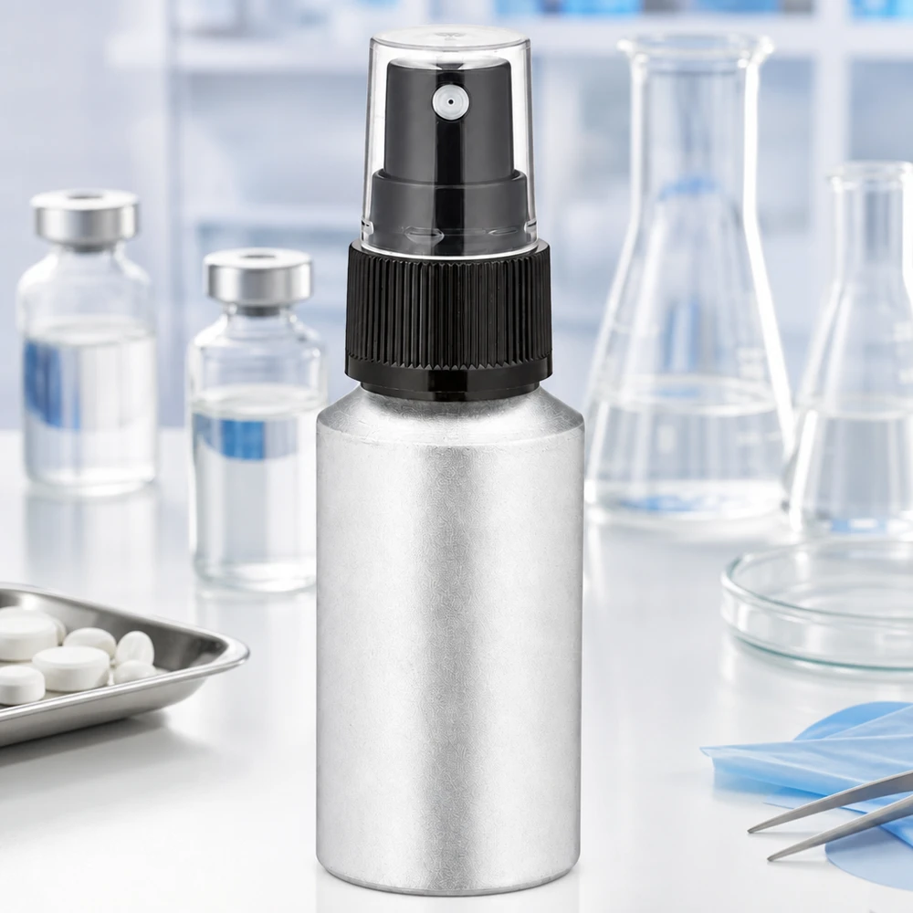 30 ml flaska i inlagd aluminium med finfördelare Kompakt 30 ml aluminiumflaska med spraytillsats, perfekt för mobila applikationer och på resan