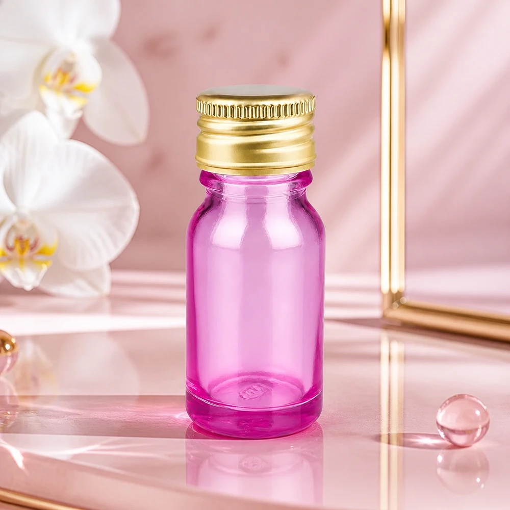 10ml flaska 11mm skruvkork aluminium guld standard PurpleLine. UT18/10 Elegant 10 ml flaska i transparent lila med lyxigt lock i guldaluminium för premiumprodukter