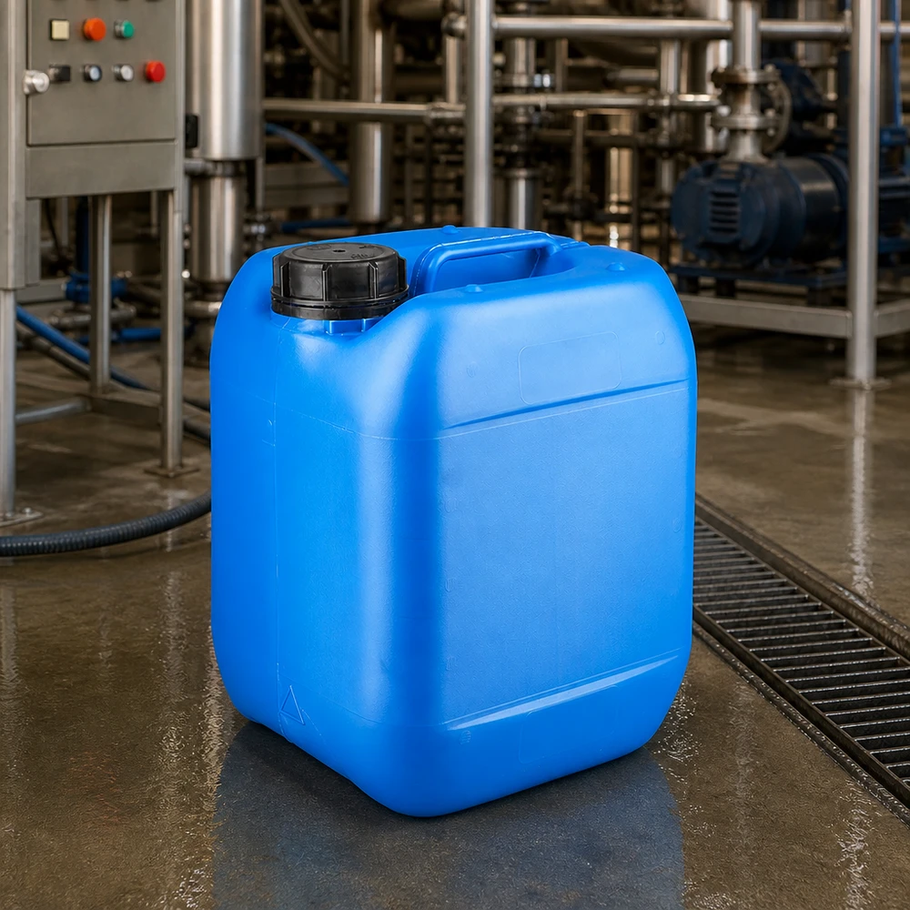 Dunk 5 liter blå med skruvkork med sabotageskydd Blå industrikanister på 5 liter med OV-skruvlock i en kemisk produktionsanläggning