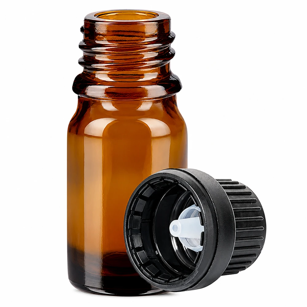 5ml Droppflaska 2 mm svart med sabotagesäkert lock BrownLine UT18/5 5 ml bärnstensfärgad glasflaska med 2 mm pipettutlopp och svart skruvlock för exakt dosering