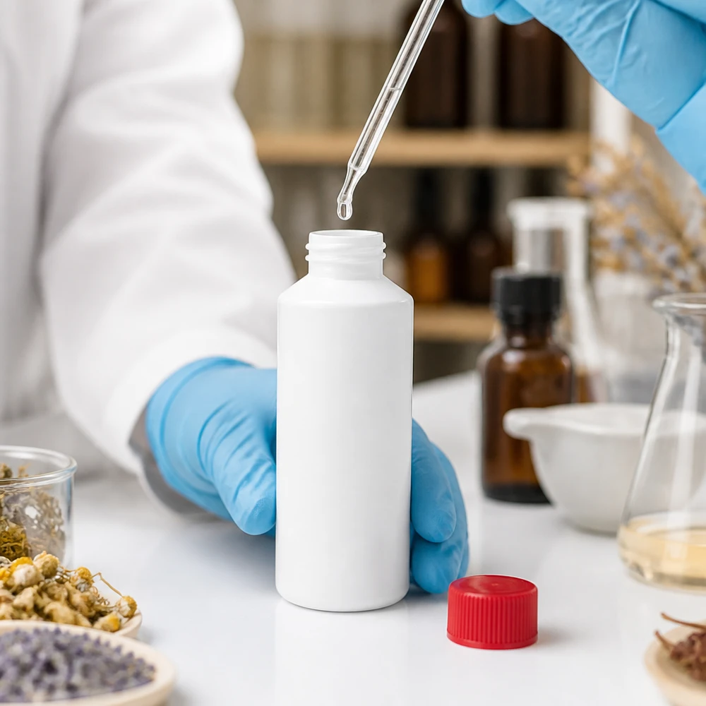Apoteksflaska HDPE 100ml vit, med rött skruvlock Apoteksflaska av HDPE, 100 ml, vit med rött skruvlock i laboratoriemiljö