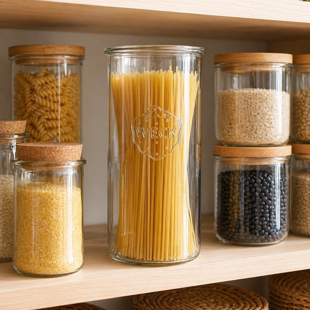 1500 ml burk WECK RR100 1500 ml WECK RR100-glas fyllda med spaghetti i organiserad förvaring i skafferiet bredvid andra burkar