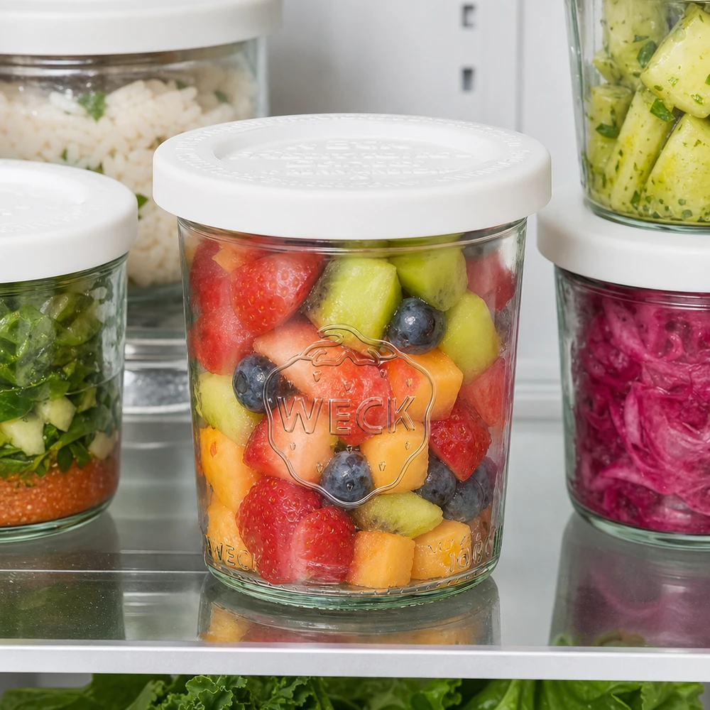 160 ml burk med lock som håller maten färsk, WECK RR60 WECK 160 ml RR60-glas med färgglad fruktsallad i kylen - Måltidsbehållare för färsk frukt