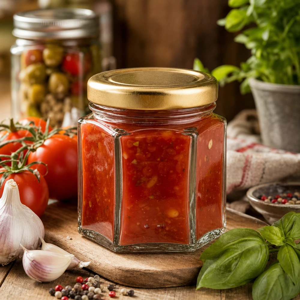 60 g honungsburk med gyllene lock BasicSeal UNiTWIST 60 g sexkantig honungsburk fylld med tomatmarmelad omgiven av färska tomater, vitlök och basilika